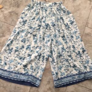 MAGASHONI NWT LINEN BOTANICAL PRINT Light Blue Floral Wide-Leg Pants SZ MED